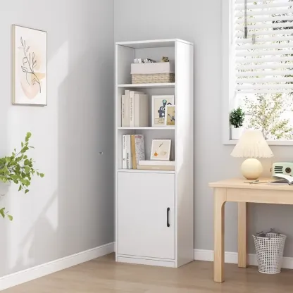 Narrow Modern Nut-Brown Wooden 3-Shelf Bookcase with Cabinet Image - 6