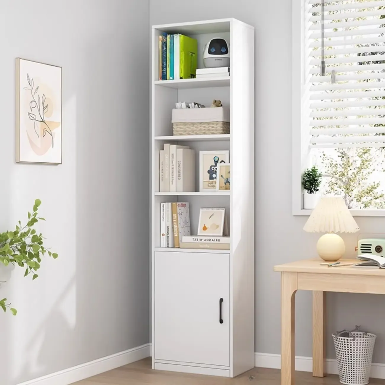 Narrow Modern Nut-Brown Wooden 3-Shelf Bookcase with Cabinet Image - 7