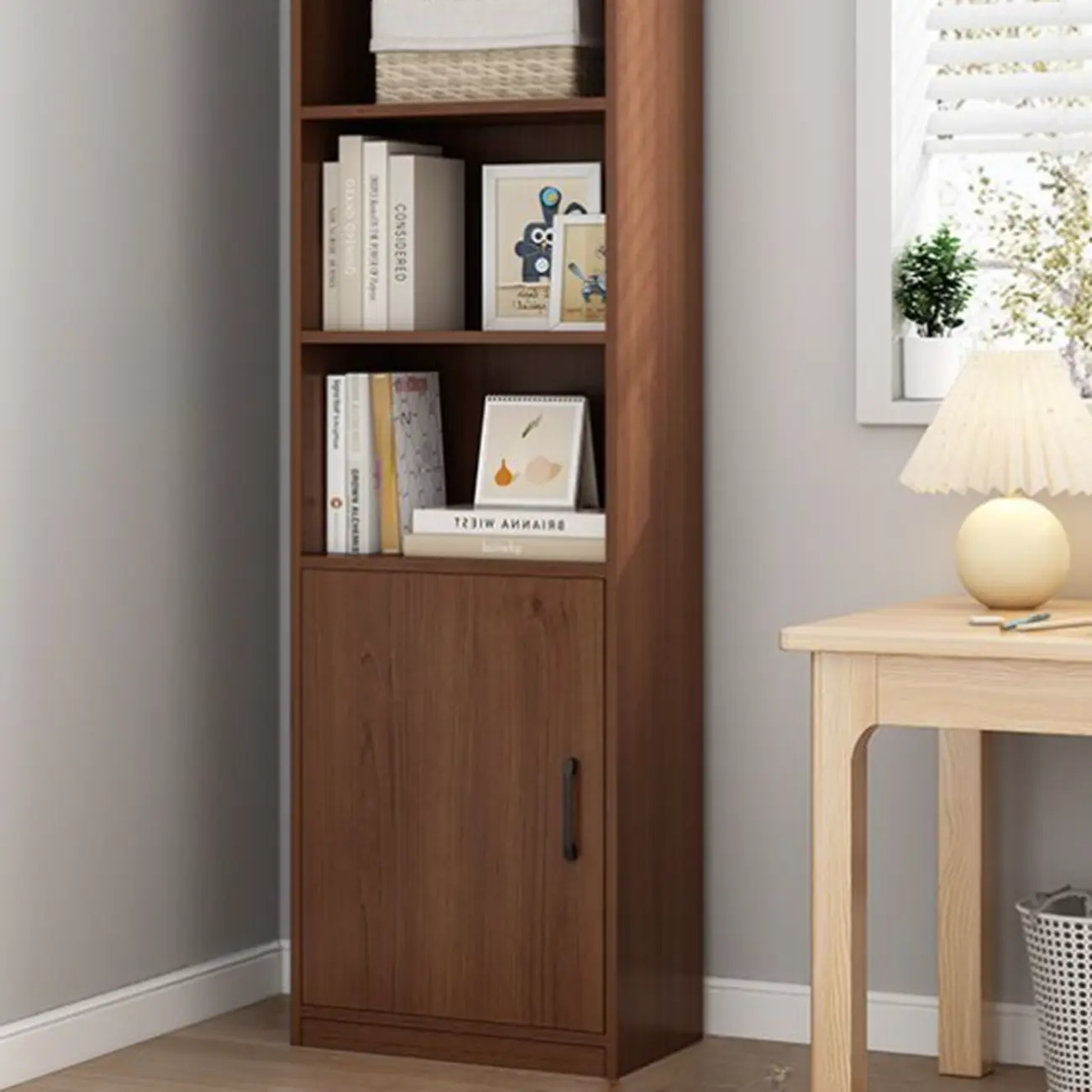 Narrow Modern Nut-Brown Wooden 3-Shelf Bookcase with Cabinet Image - 4 | homeyfad