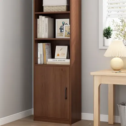 Narrow Modern Nut-Brown Wooden 3-Shelf Bookcase with Cabinet Image - 4