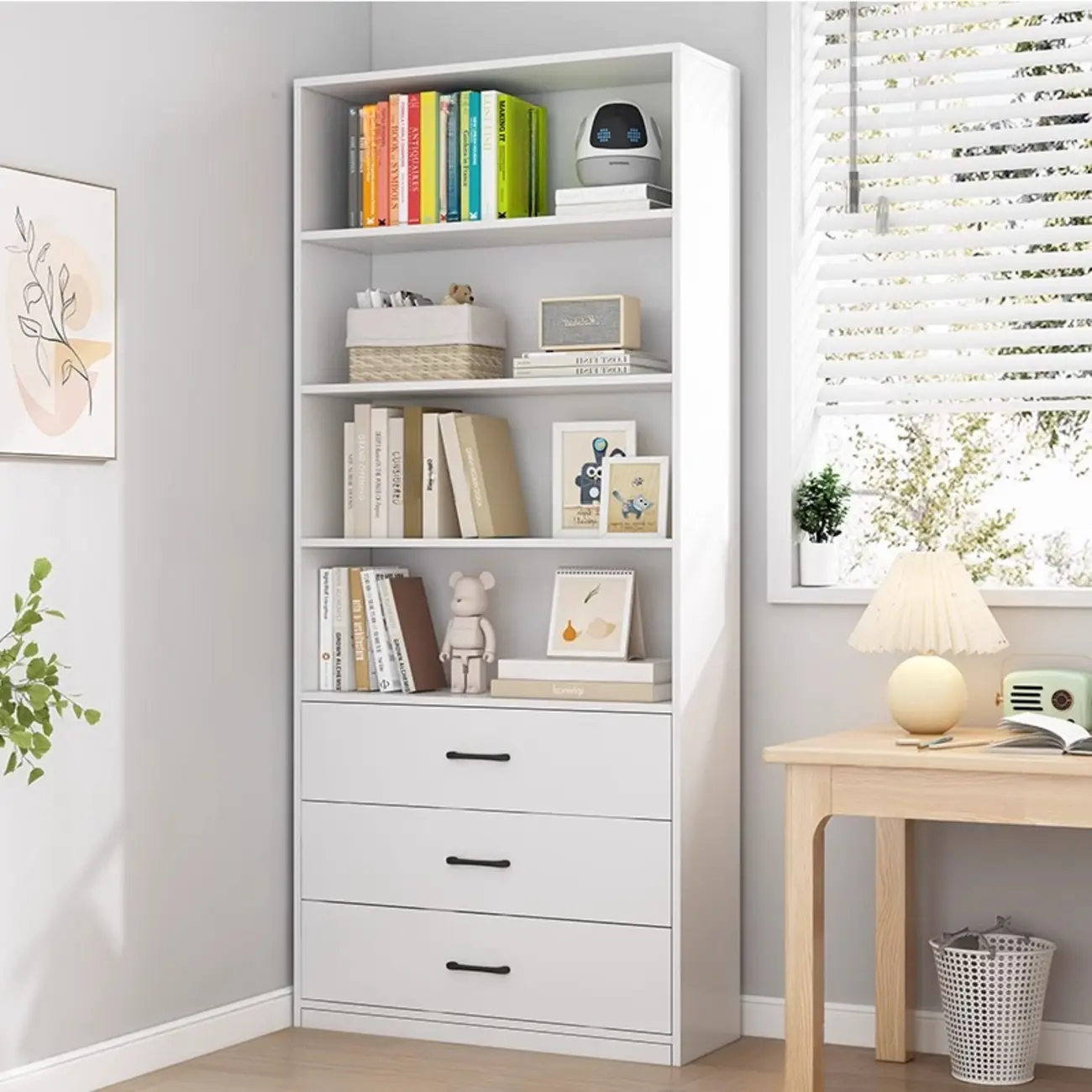 Narrow Modern Nut-Brown Wooden 3-Shelf Bookcase with Cabinet Image - 8 | homeyfad