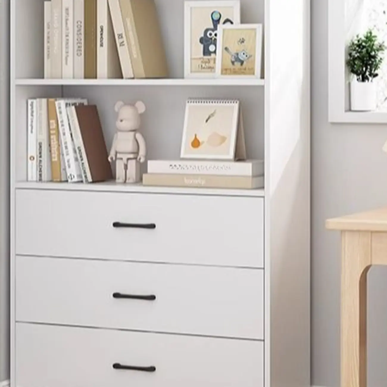 Narrow Modern Nut-Brown Wooden 3-Shelf Bookcase with Cabinet Image - 9 | homeyfad