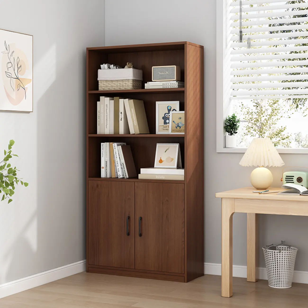 Narrow Modern Nut-Brown Wooden 3-Shelf Bookcase with Cabinet Image - 2 | homeyfad