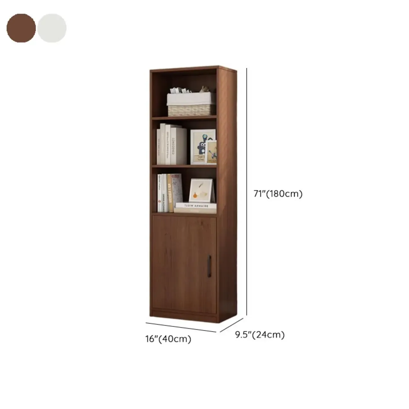 Narrow Modern Nut-Brown Wooden 3-Shelf Bookcase with Cabinet #size