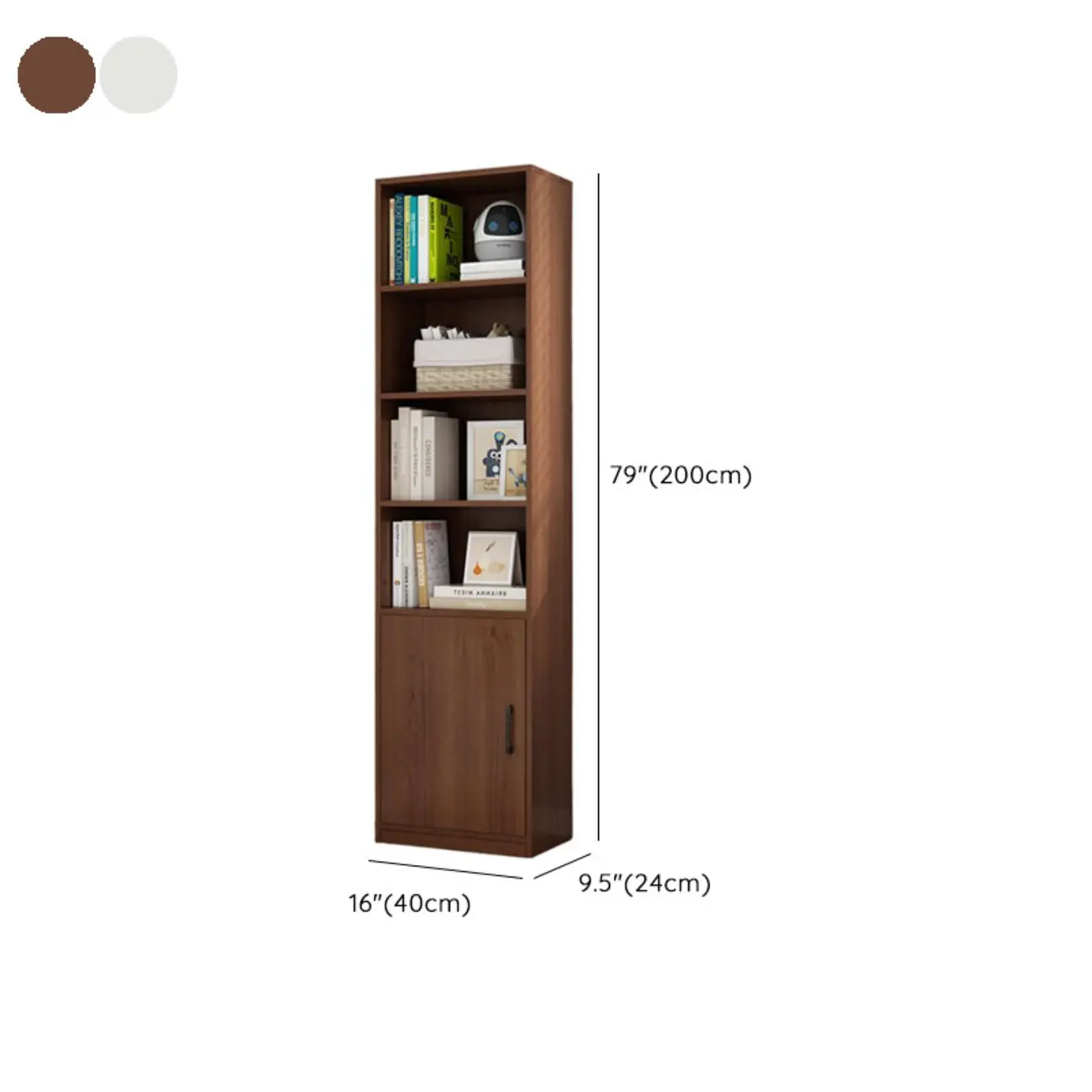 Narrow Modern Nut-Brown Wooden 3-Shelf Bookcase with Cabinet Image - 12 | homeyfad