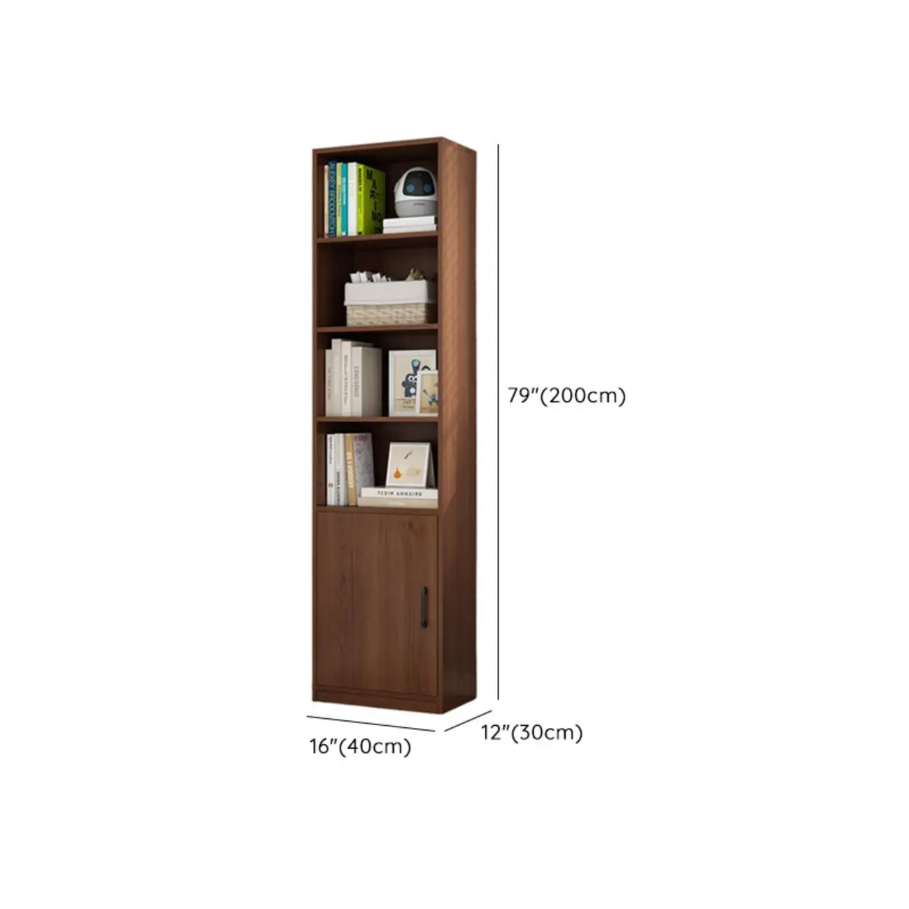 Narrow Modern Nut-Brown Wooden 3-Shelf Bookcase with Cabinet Image - 14 | homeyfad