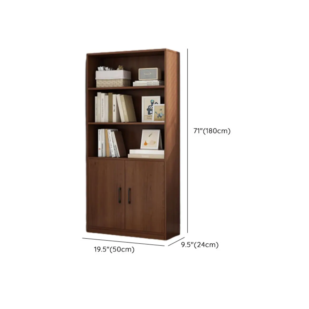 Narrow Modern Nut-Brown Wooden 3-Shelf Bookcase with Cabinet Image - 16 | homeyfad