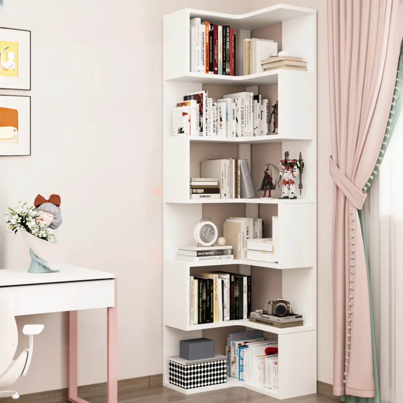Modern White L-shaped Open Back Wooden Corner Bookcase Image - 1 | homeyfad