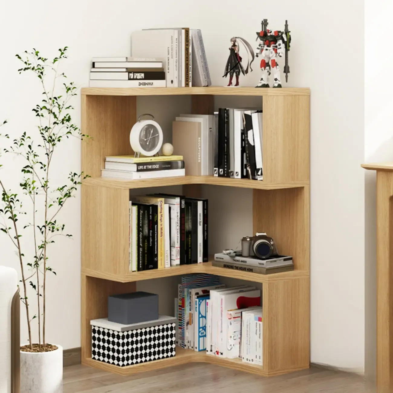 Modern White L-shaped Open Back Wooden Corner Bookcase Image - 3