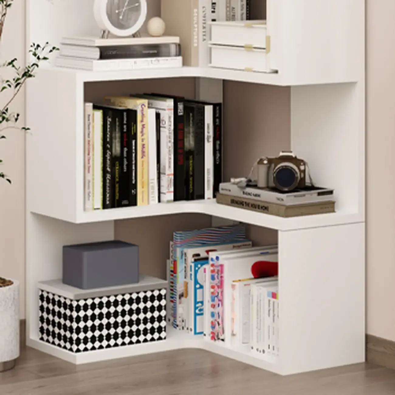 Modern White L-shaped Open Back Wooden Corner Bookcase Image - 4
