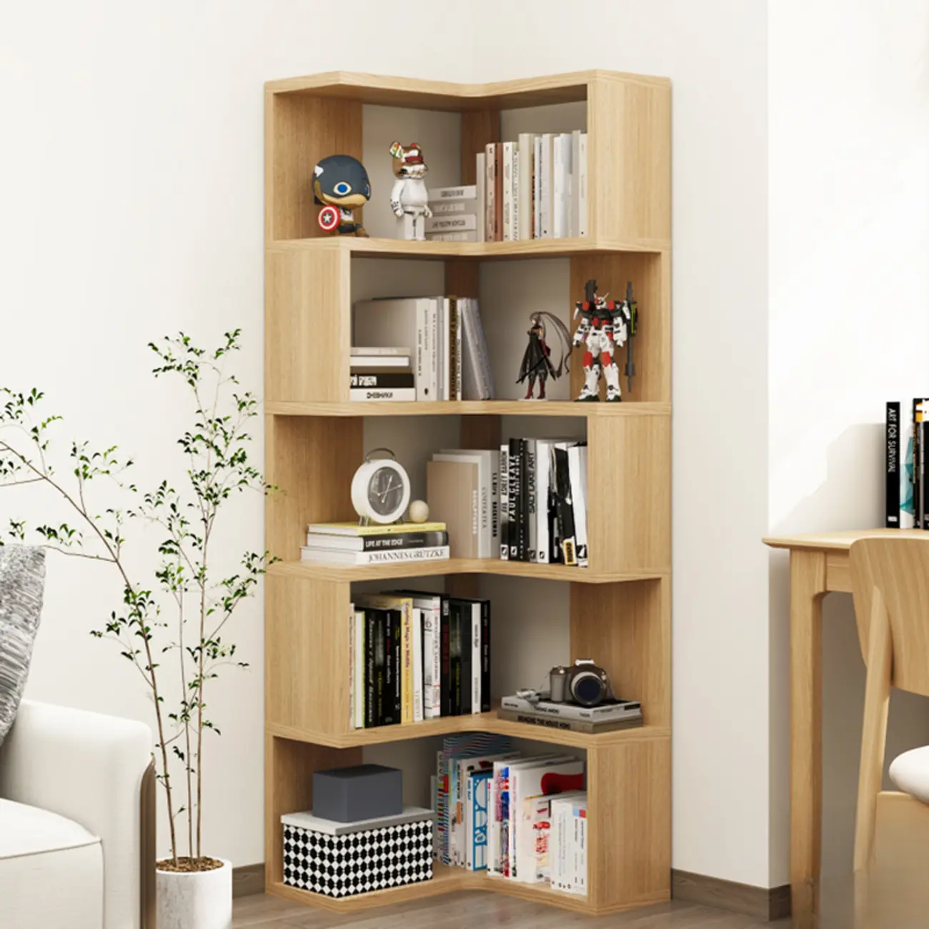 Modern White L-shaped Open Back Wooden Corner Bookcase Image - 5 | homeyfad
