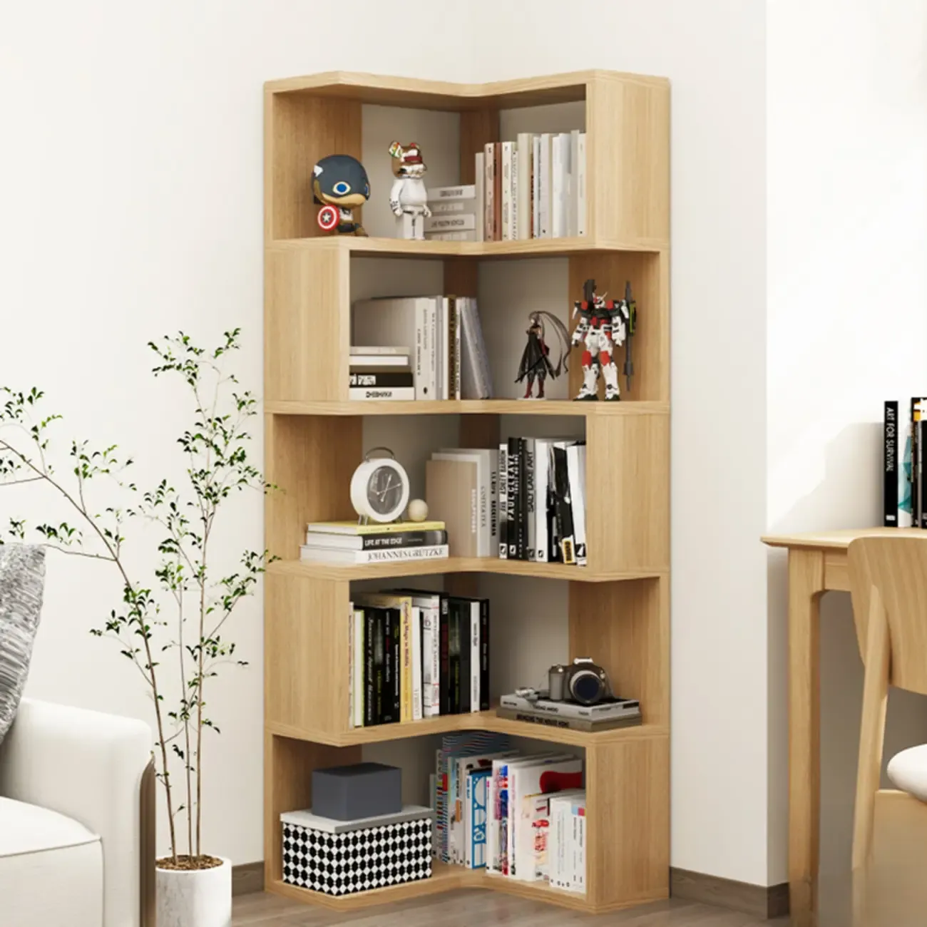 Modern White L-shaped Open Back Wooden Corner Bookcase Image - 5