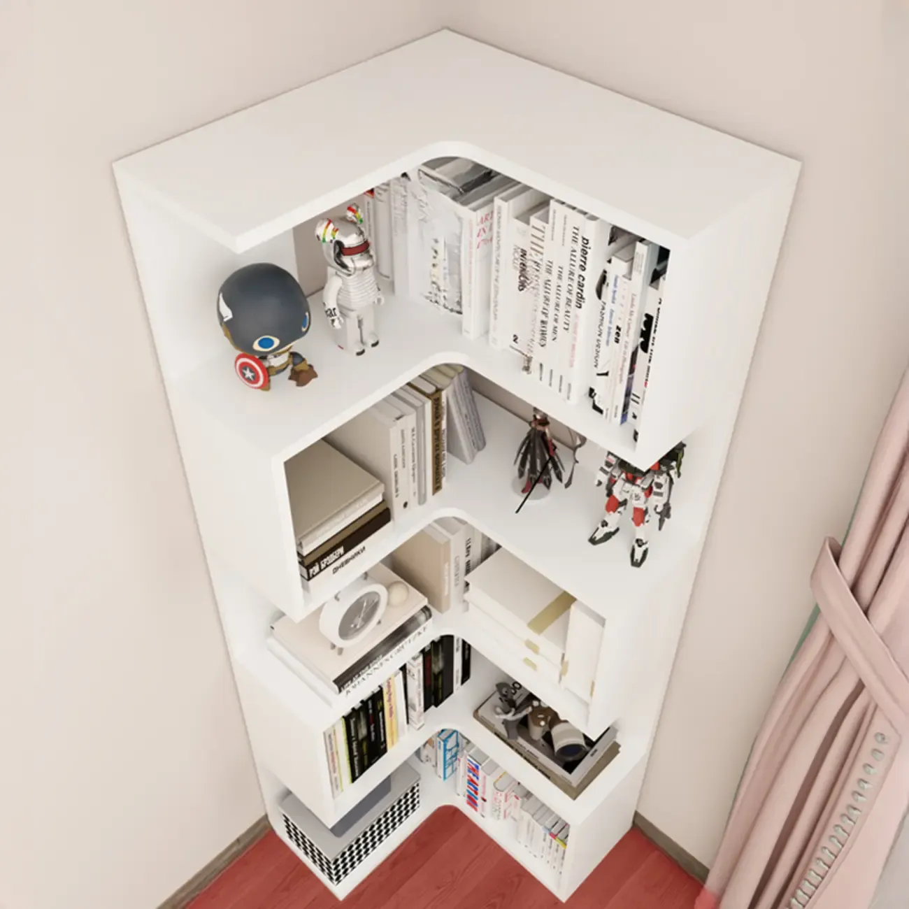 Modern White L-shaped Open Back Wooden Corner Bookcase Image - 6