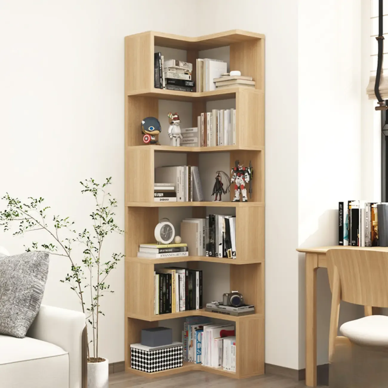 Modern White L-shaped Open Back Wooden Corner Bookcase Image - 7