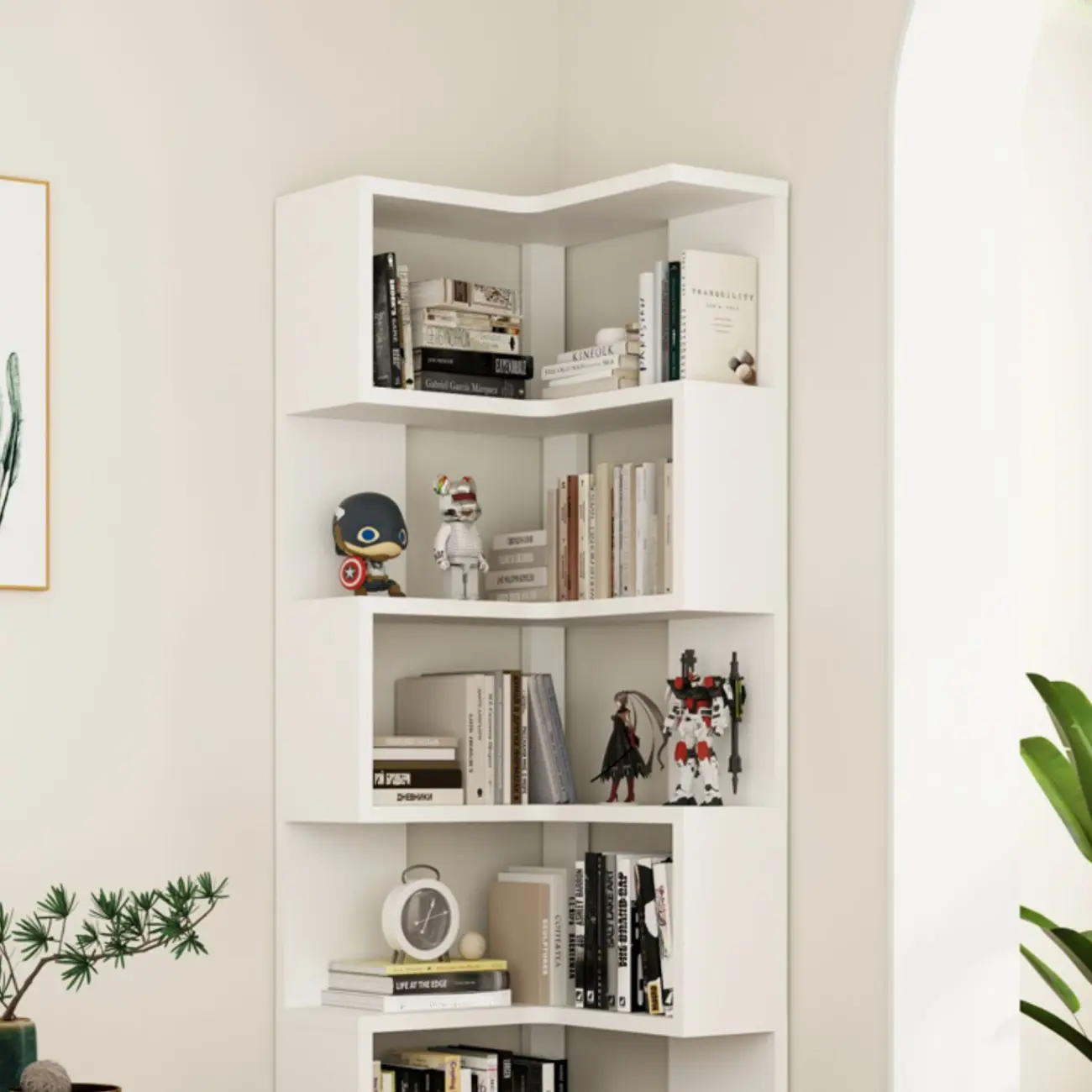 Modern White L-shaped Open Back Wooden Corner Bookcase Image - 8 | homeyfad