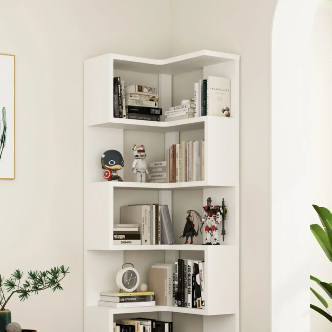Modern White L-shaped Open Back Wooden Corner Bookcase Image - 8
