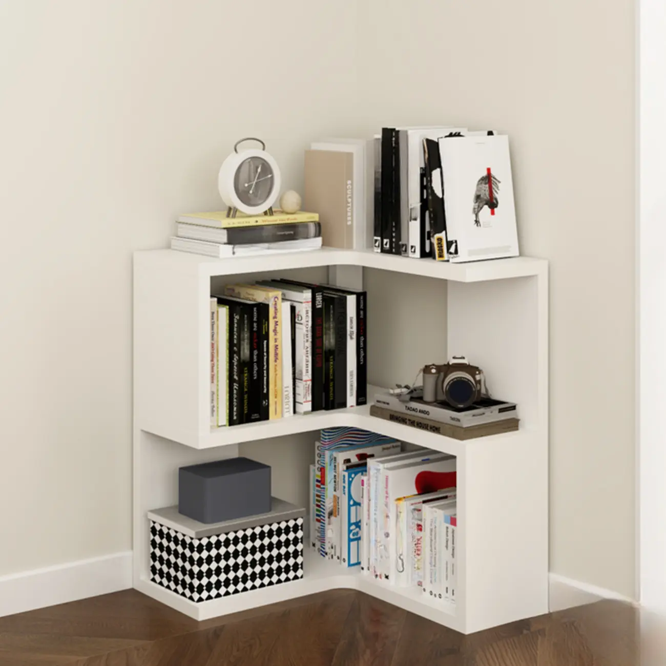 Modern White L-shaped Open Back Wooden Corner Bookcase Image - 9 | homeyfad