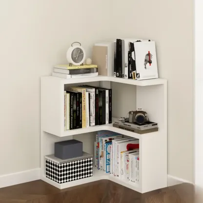 Modern White L-shaped Open Back Wooden Corner Bookcase Image - 9