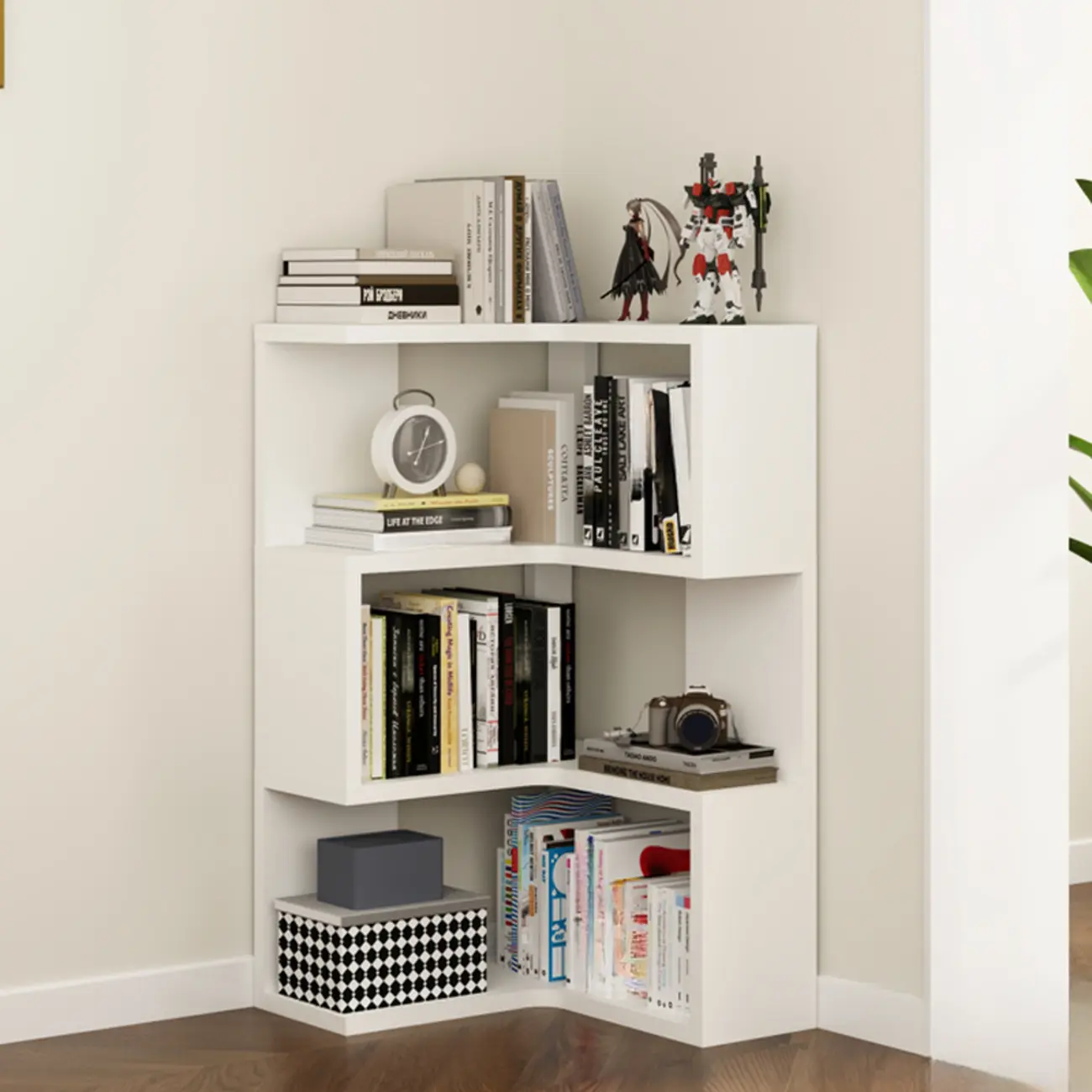 Modern White L-shaped Open Back Wooden Corner Bookcase Image - 12 | homeyfad
