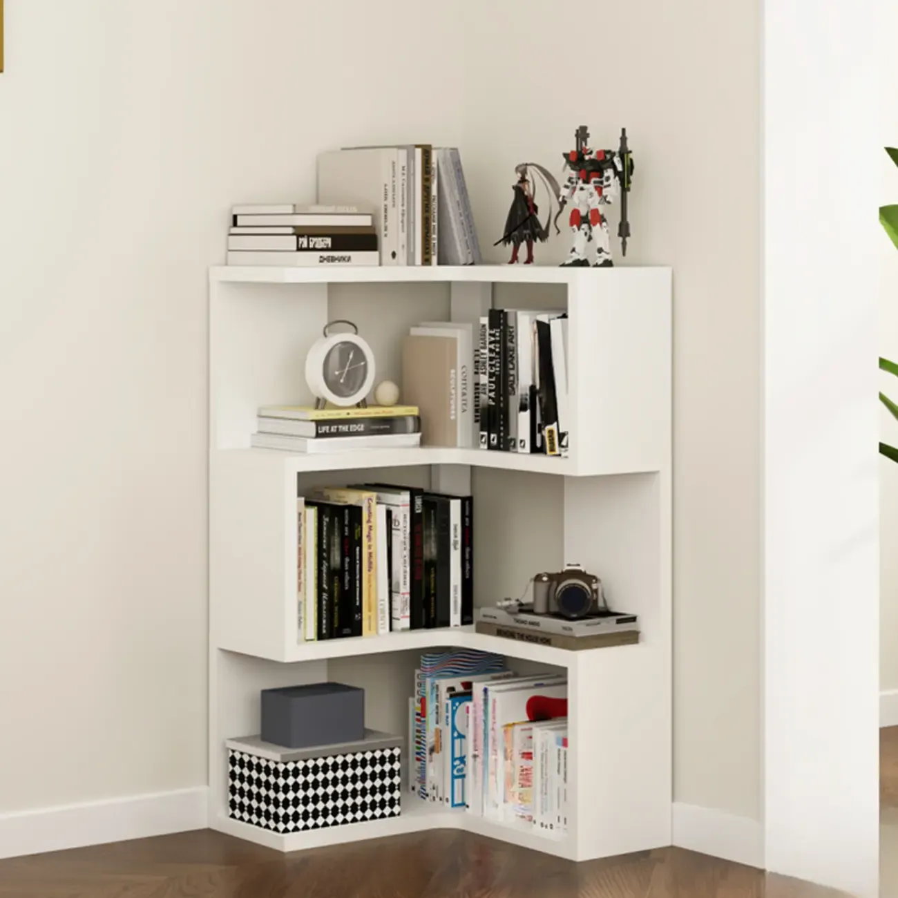 Modern White L-shaped Open Back Wooden Corner Bookcase Image - 12