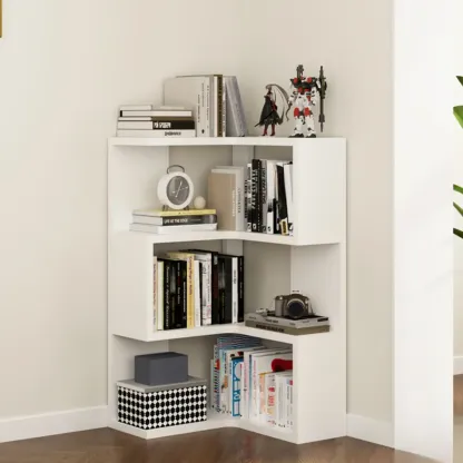 Modern White L-shaped Open Back Wooden Corner Bookcase Image - 12