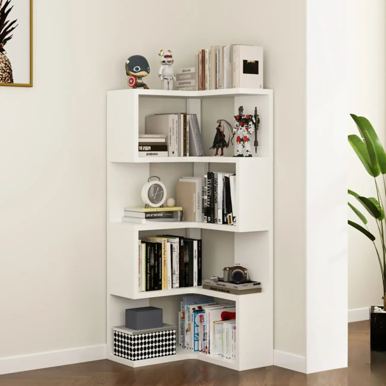 Modern White L-shaped Open Back Wooden Corner Bookcase Image - 13