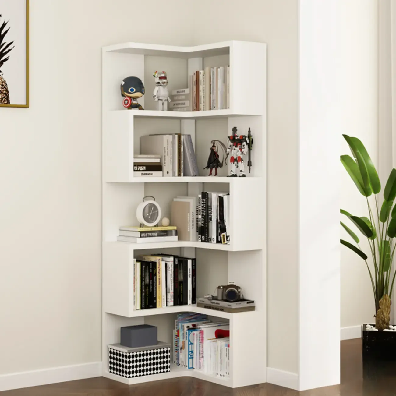 Modern White L-shaped Open Back Wooden Corner Bookcase Image - 16