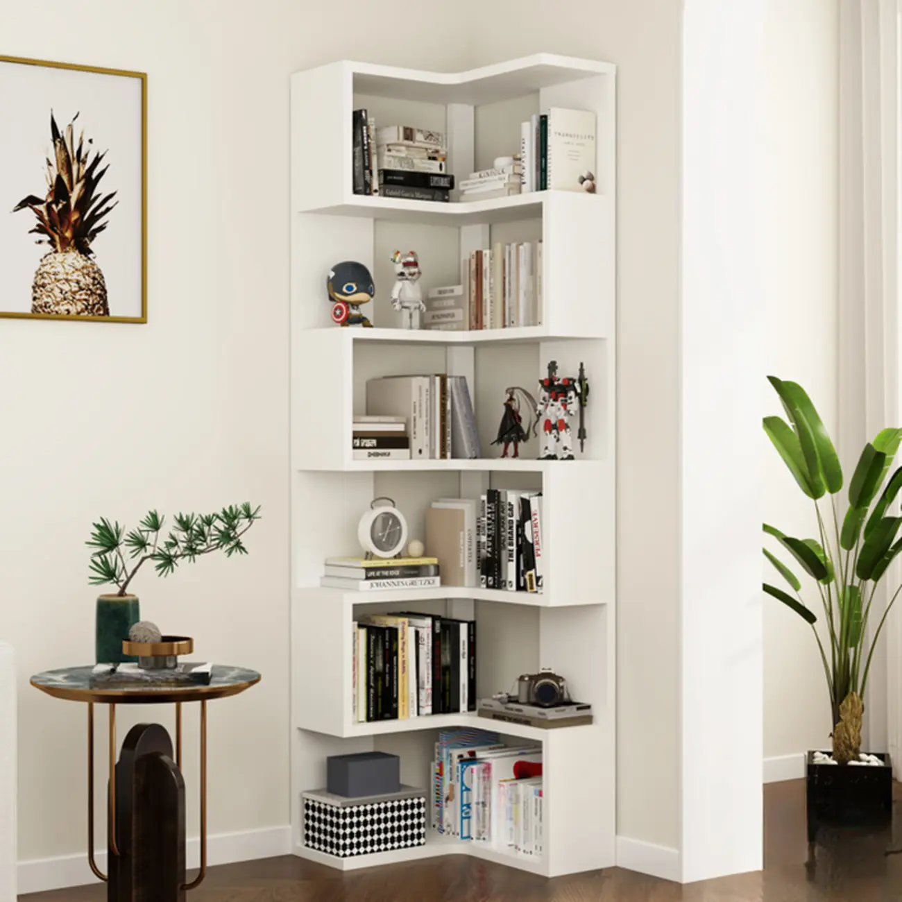 Modern White L-shaped Open Back Wooden Corner Bookcase Image - 17 | homeyfad