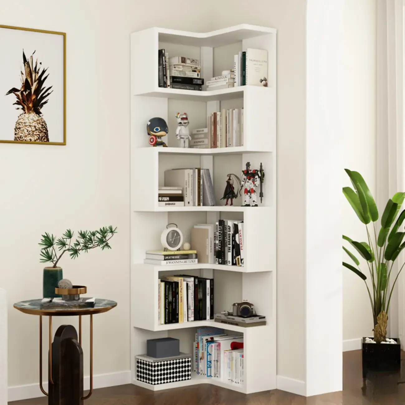 Modern White L-shaped Open Back Wooden Corner Bookcase Image - 17