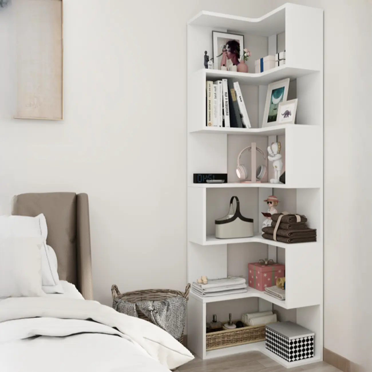 Modern White L-shaped Open Back Wooden Corner Bookcase Image - 18 | homeyfad