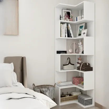 Modern White L-shaped Open Back Wooden Corner Bookcase Image - 18