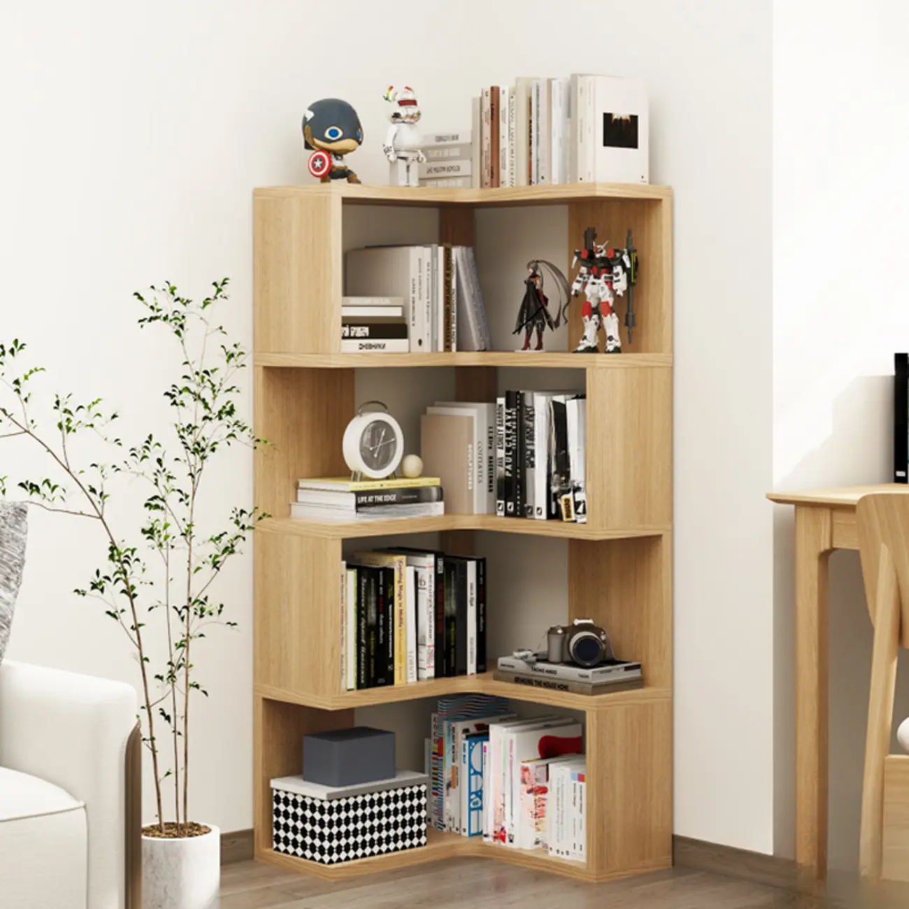 Modern White L-shaped Open Back Wooden Corner Bookcase Image - 19 | homeyfad