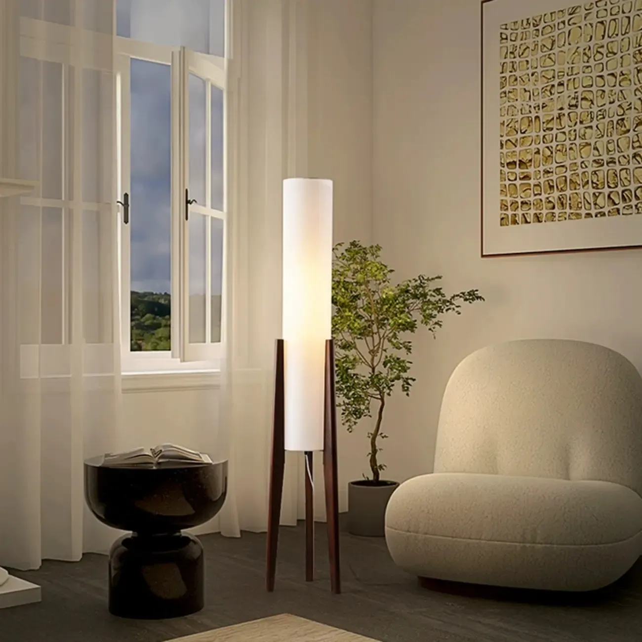 Vintage Wooden Torch LED Floor Lamps with Fabric Shade  Image - 3