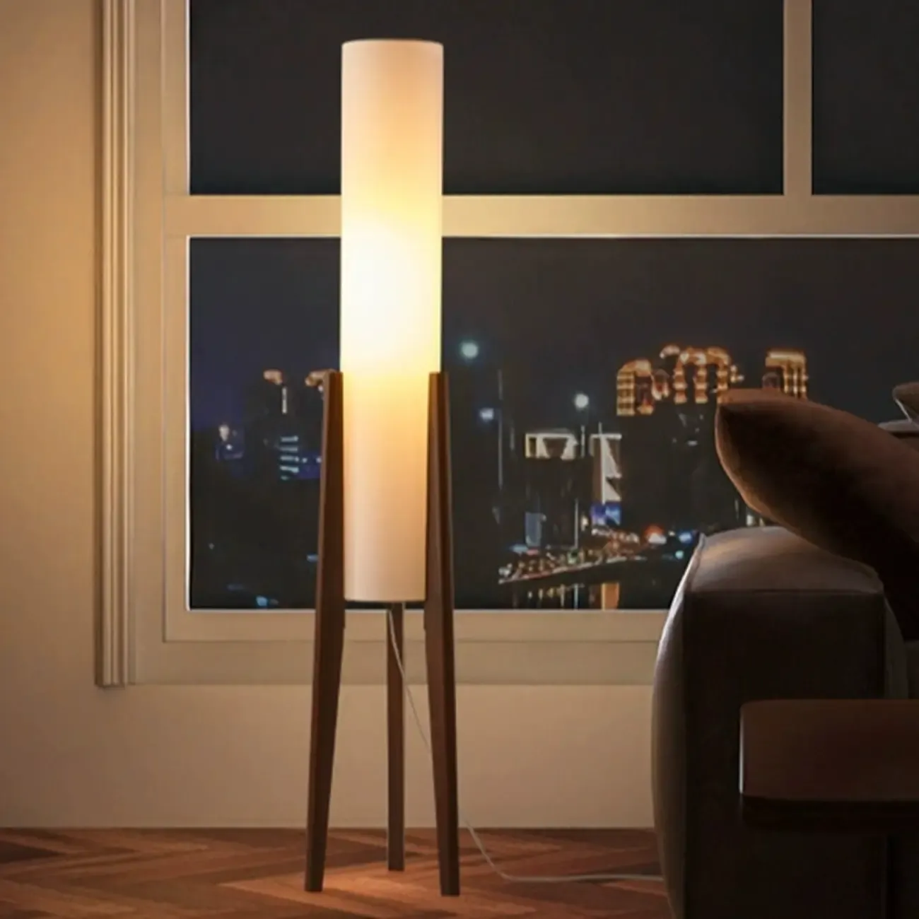 Vintage Wooden Torch LED Floor Lamps with Fabric Shade  Image - 2