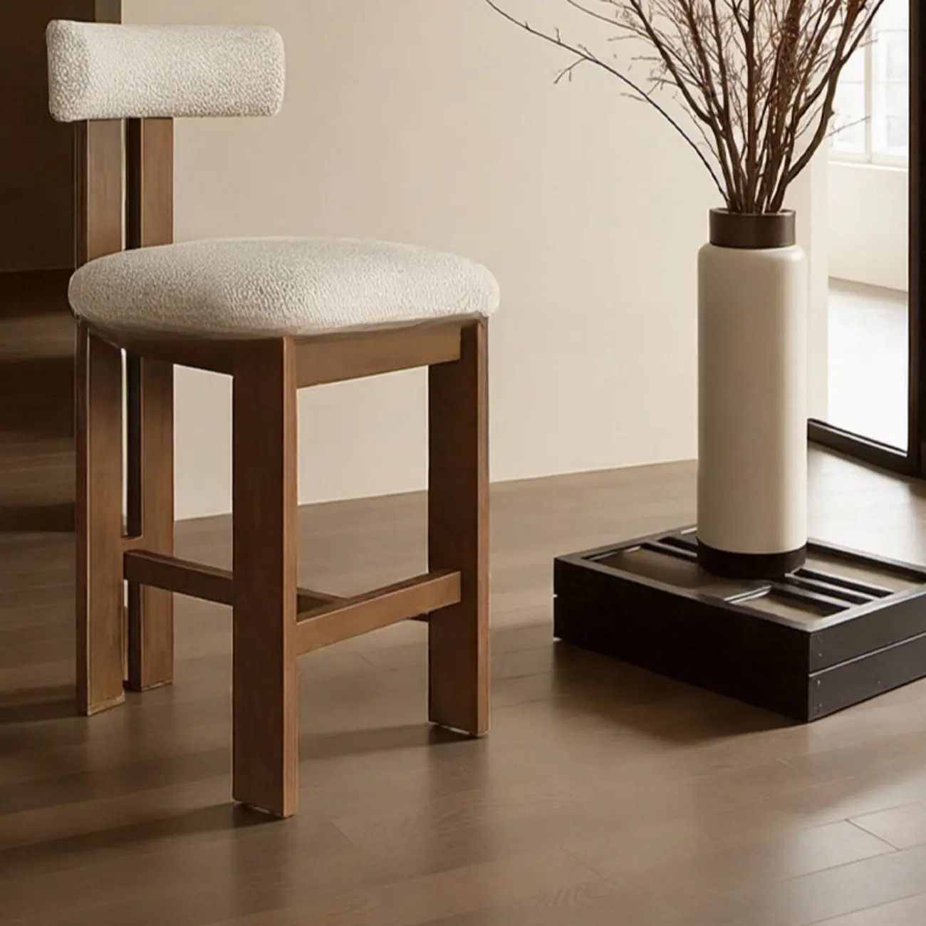 White Boucle Fabric Brown Wood Armless Bar Stools | homeyfad