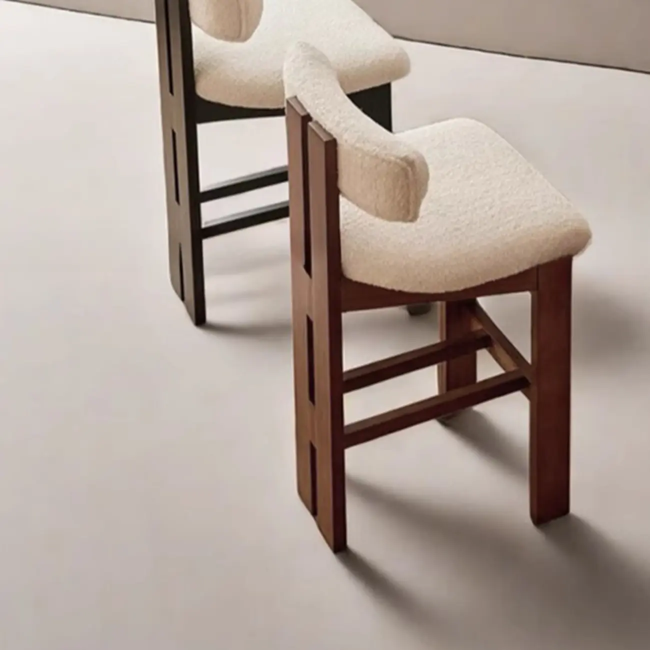 White Boucle Fabric Brown Wood Armless Bar Stools | homeyfad