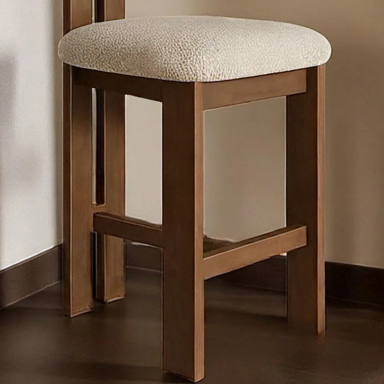 White Boucle Fabric Brown Wood Armless Bar Stools | homeyfad