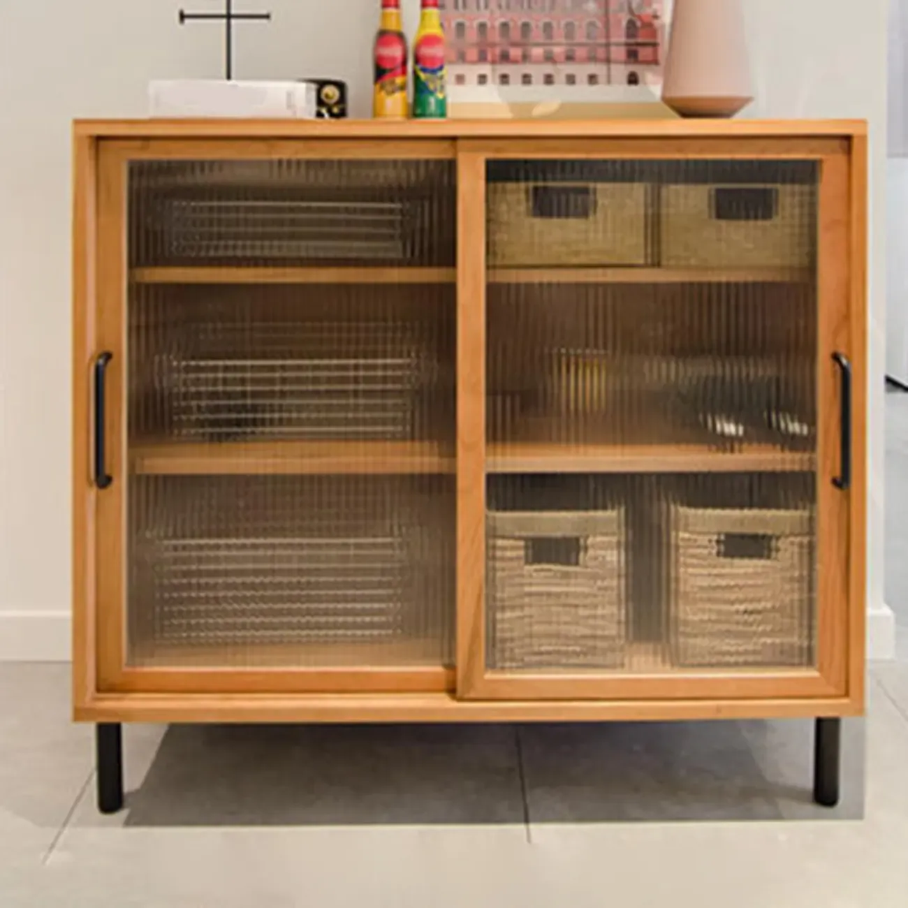 Modern Natural Wooden Sliding Glass Storage Cabinet Image - 4