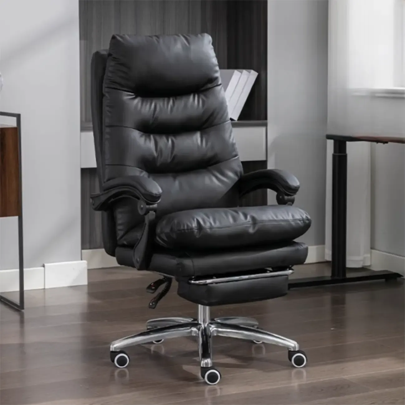 Ergonomic Black Leather Adjustable Office Chair with Wheels Image - 1