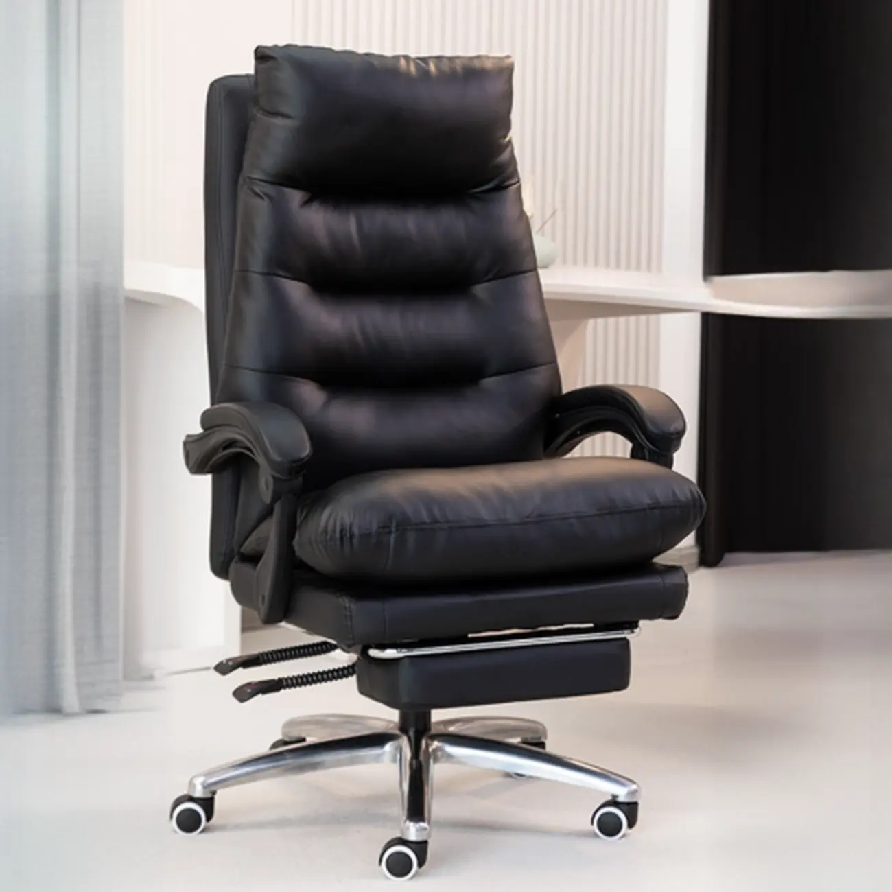 Ergonomic Black Leather Adjustable Office Chair with Wheels Image - 7 | homeyfad