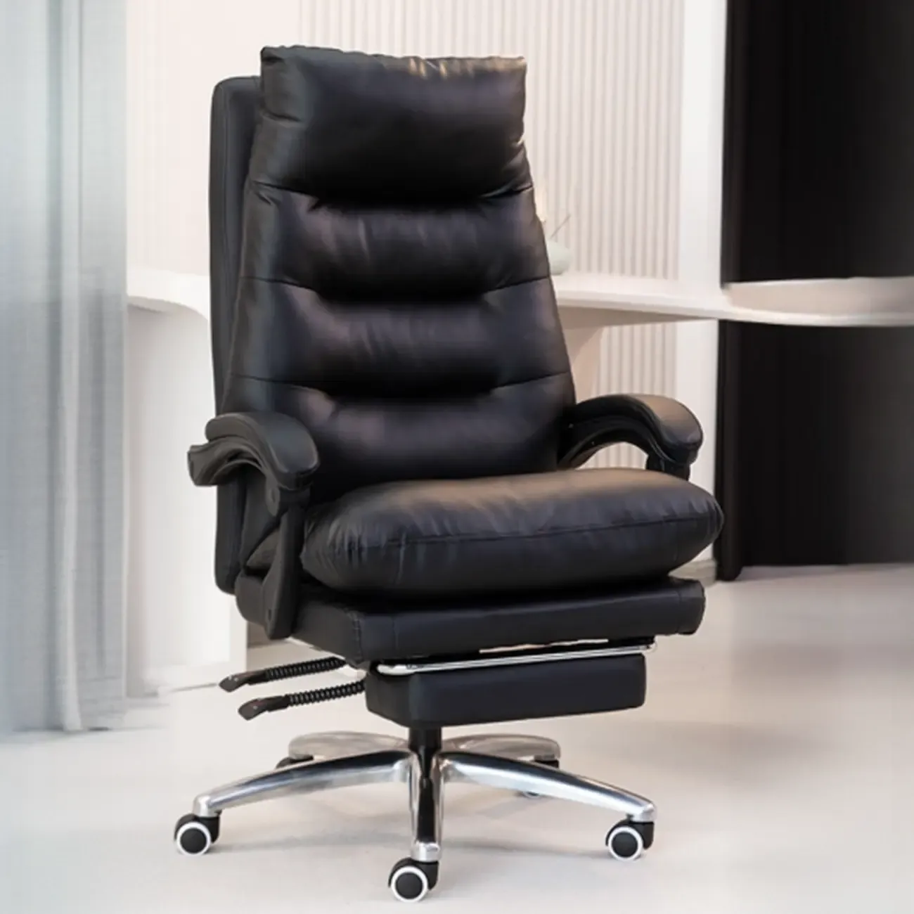Ergonomic Black Leather Adjustable Office Chair with Wheels Image - 7