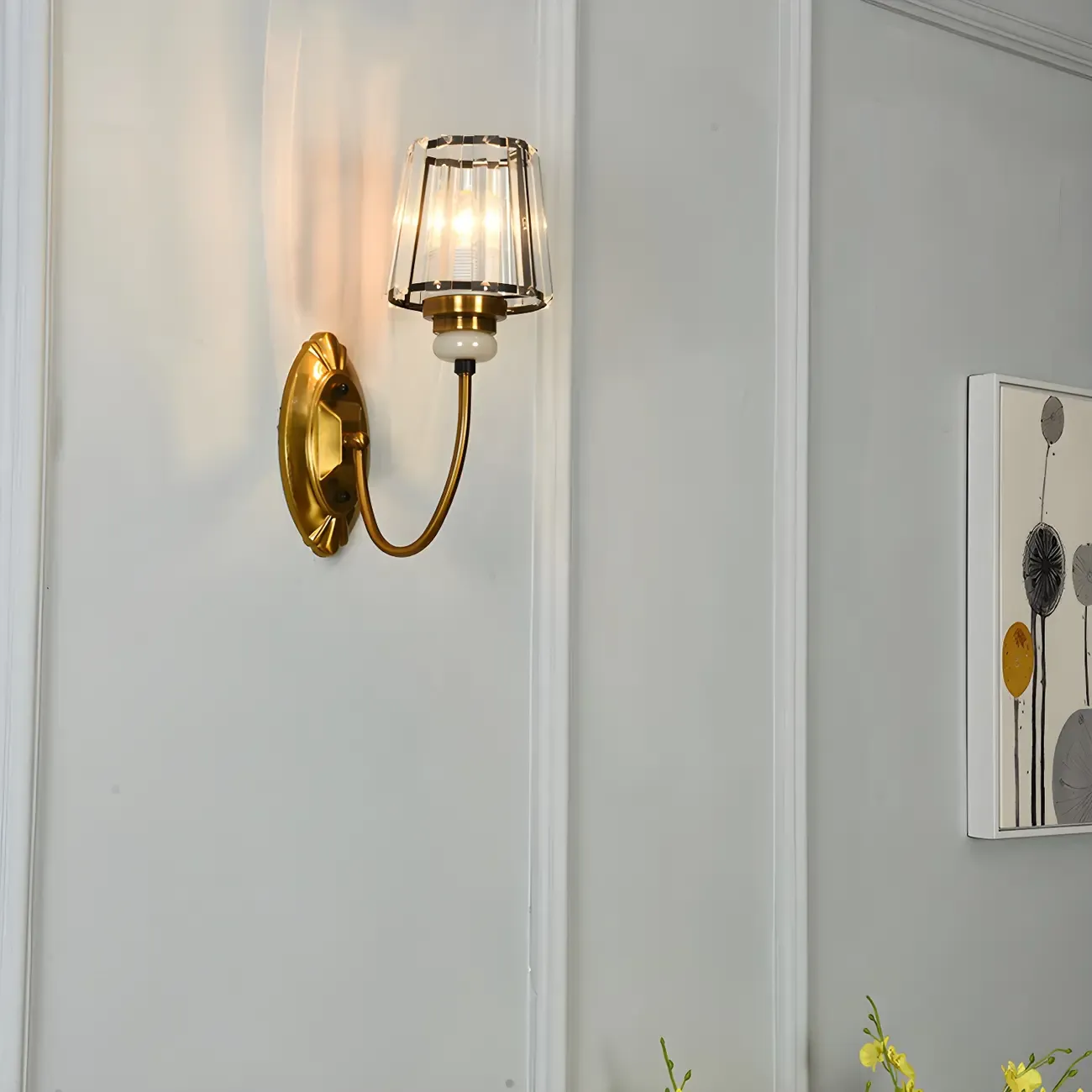 Elegant Brass Wall Sconce with Crystal Shade Image - 2