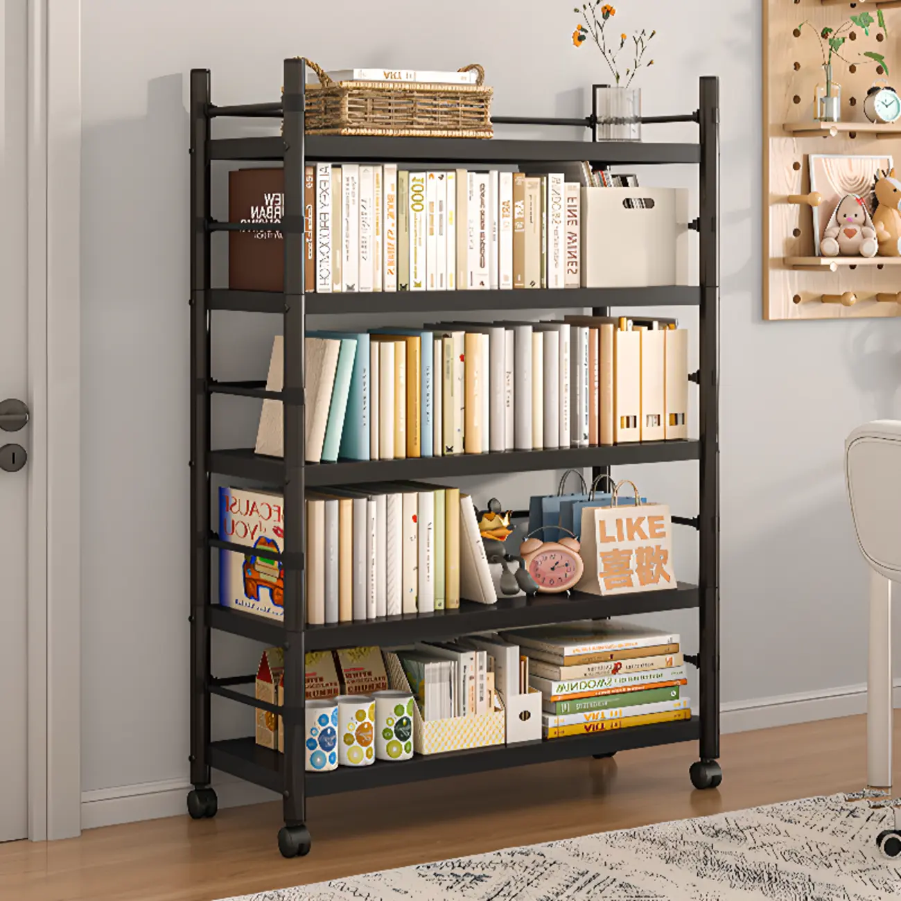 Contemporary Industrial Black Metal 5-Tier Rolling Bookcase Image - 1 | homeyfad