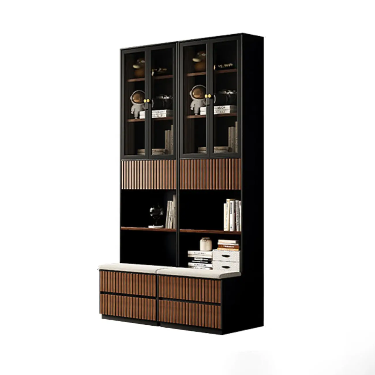 Tall French Country Display Wooden Bookcase with Cushioned Bench Image - 10 | homeyfad