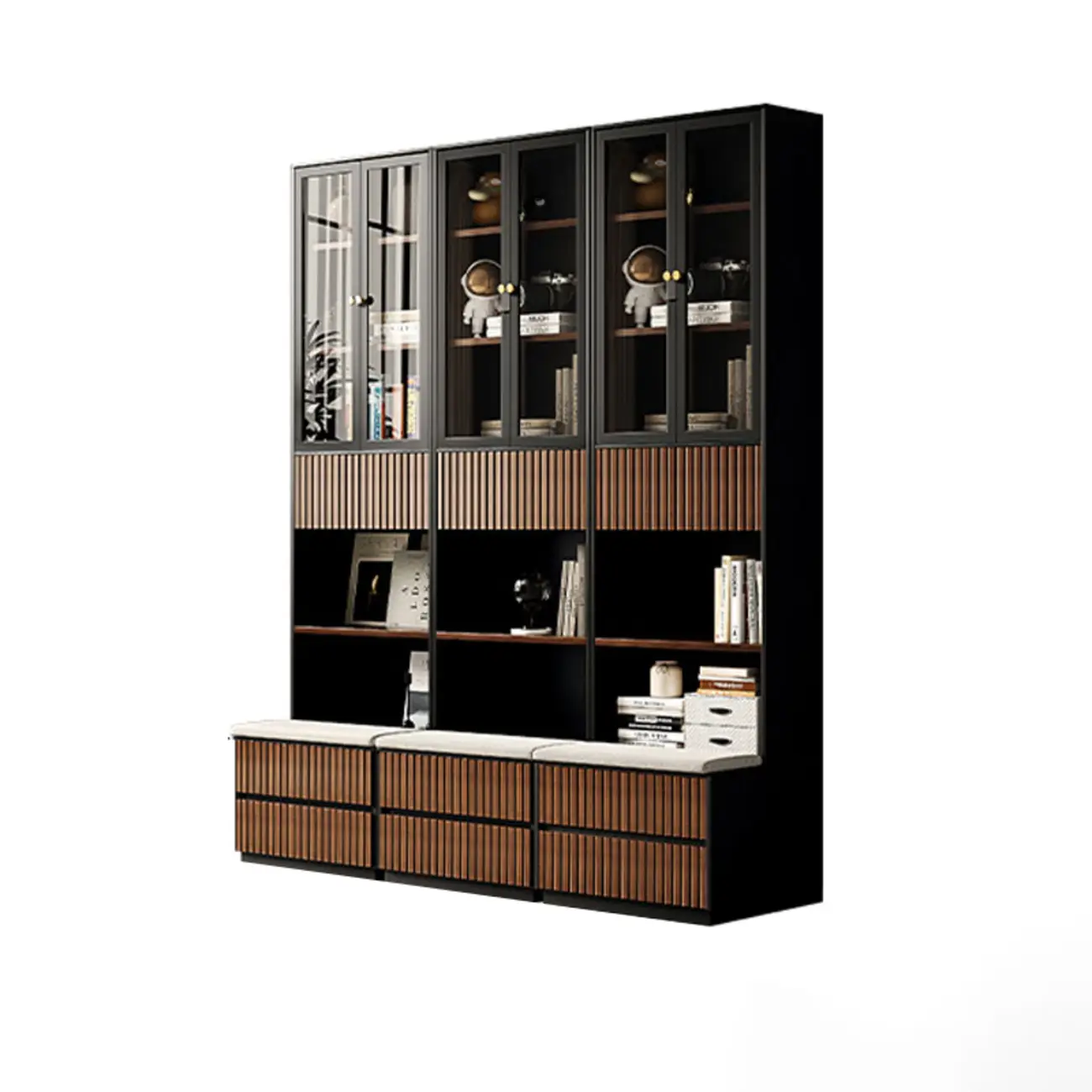 Tall French Country Display Wooden Bookcase with Cushioned Bench Image - 11 | homeyfad