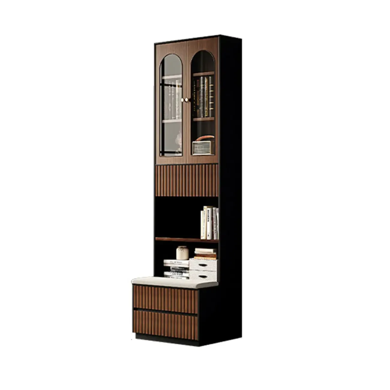 Tall French Country Display Wooden Bookcase with Cushioned Bench Image - 8