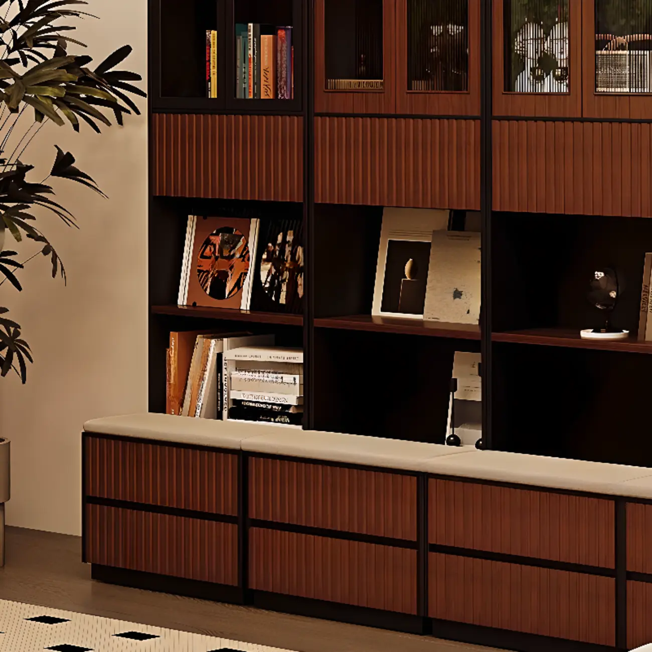 Tall French Country Display Wooden Bookcase with Cushioned Bench Image - 4 | homeyfad