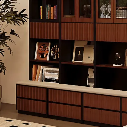 Tall French Country Display Wooden Bookcase with Cushioned Bench Image - 4