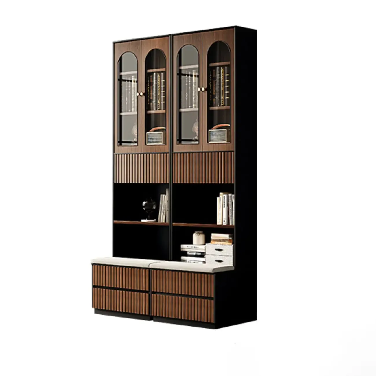 Tall French Country Display Wooden Bookcase with Cushioned Bench Image - 14