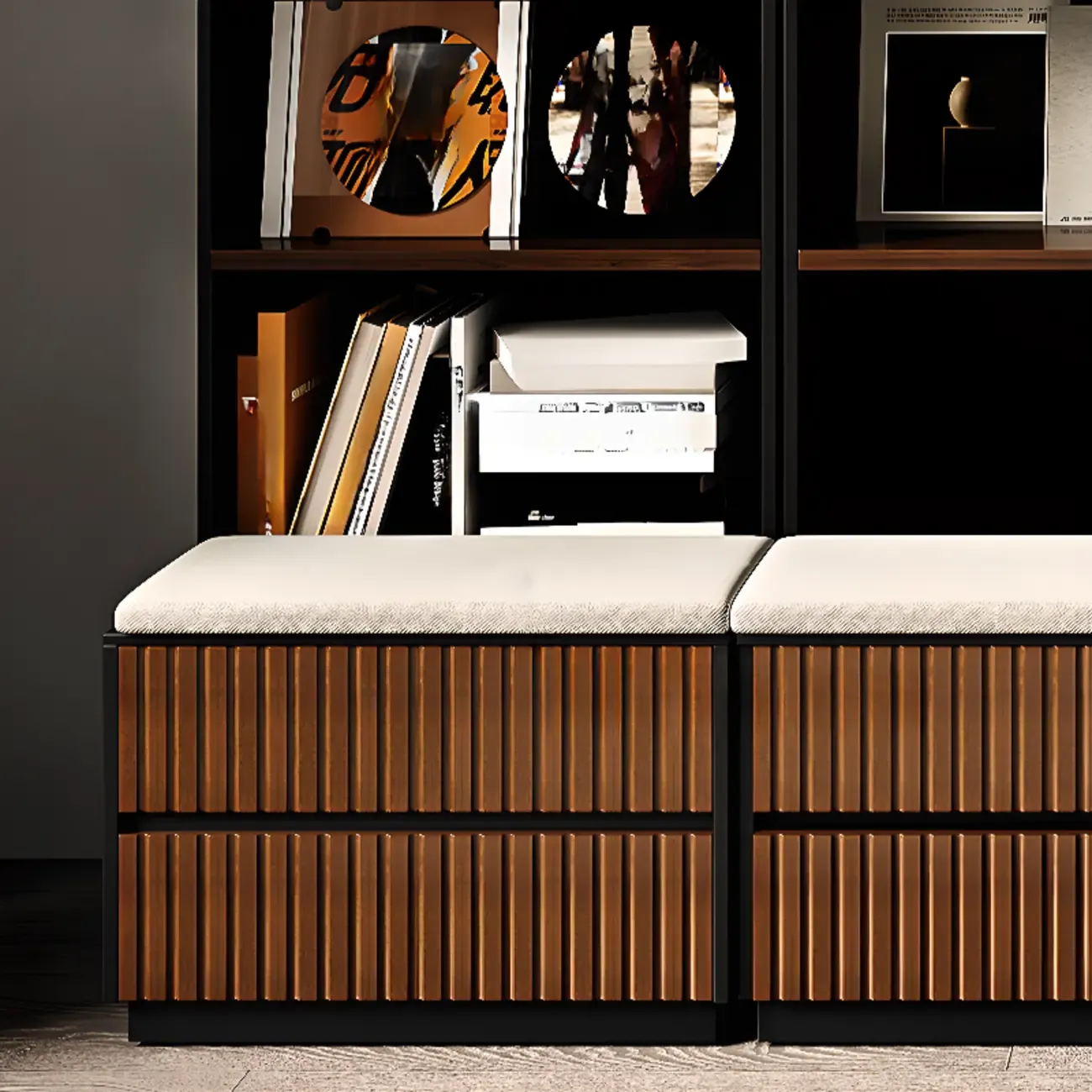 Tall French Country Display Wooden Bookcase with Cushioned Bench Image - 5